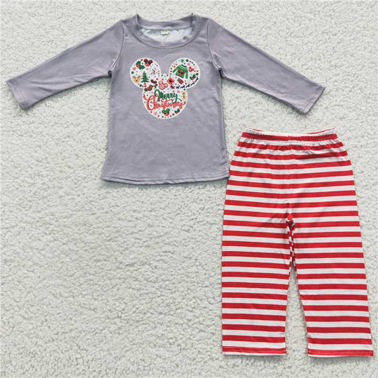 RTS SALES NO MOQ G3-16-4.. Boys Christmas Mickey Head Grey Long Sleeve Striped Pants Suit