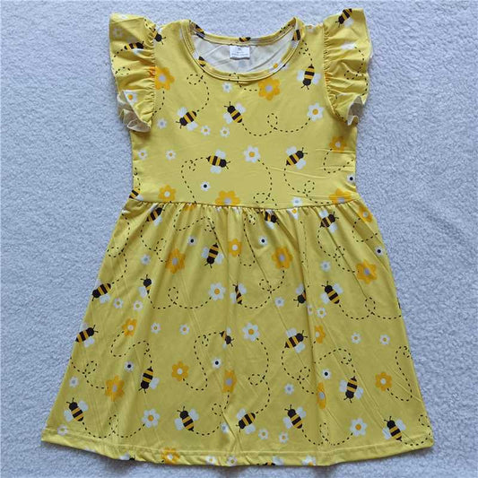 RTS SALES NO MOQ G2-13-2/.; Little bee white flower yellow flying sleeves dress