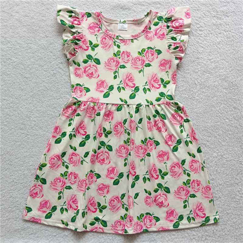 RTS SALES NO MOQ G2-13-3/;[ Pink flower green leaf white flying sleeves dress