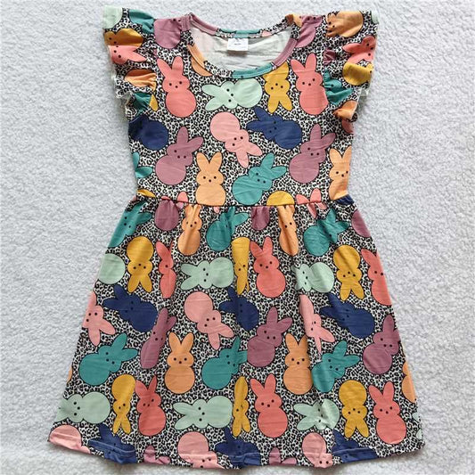 RTS SALES NO MOQ G2-13-4]'] Colorful bunny leopard print flying sleeves dress