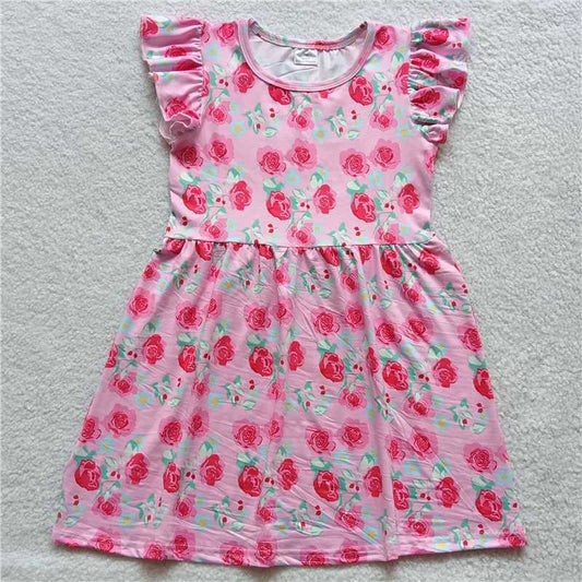 RTS SALES NO MOQ G2-13-3]\ Red flower pink flying sleeves dress