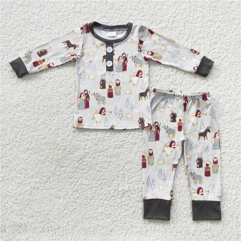 RTS NO MOQ BLP0235 Jesus Star Cow Sheep Tree Grey Long Sleeve Pants Set