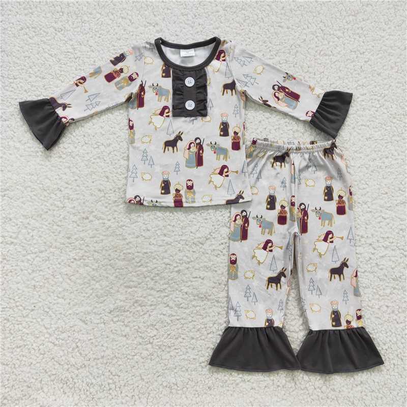 RTS NO MOQ BLP0235 Jesus Star Cow Sheep Tree Grey Long Sleeve Pants Set