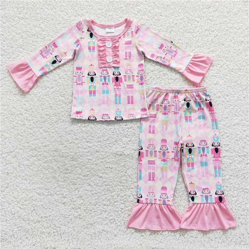 RTS NO MOQ Pink Marionette Guard Pattern Ruffled Edge Decorated Long Sleeve Suit & Long Sleeve Dress & Crawling Suit