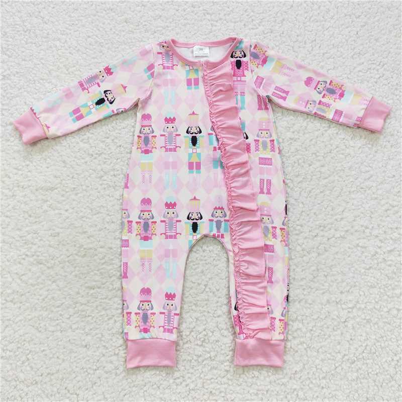 RTS NO MOQ Pink Marionette Guard Pattern Ruffled Edge Decorated Long Sleeve Suit & Long Sleeve Dress & Crawling Suit