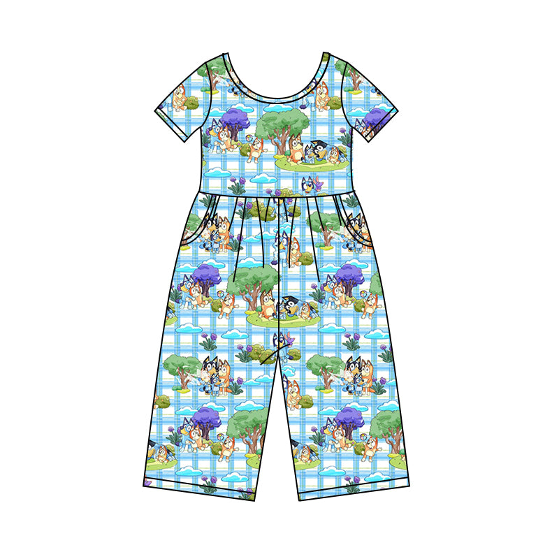 5.1（1）custom each style moq 5eta 4-5week Sibling Sister cartoon character prints blue plaid boys and girls outfit and baby romper match family design