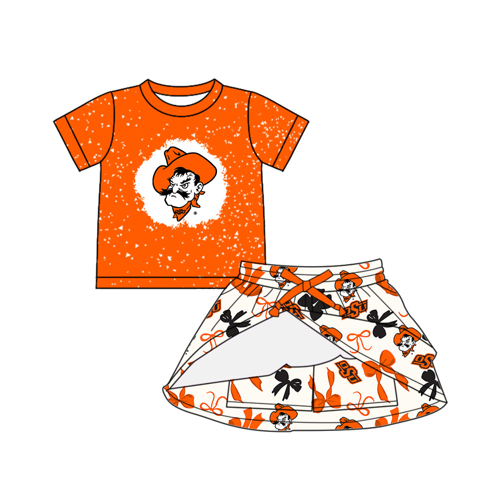 Custom moq 5 mix sizes summer teams baby girls clothes team orange short sleeve skirts shorts sets dress 1 and dress 2 and dress 3 and dress 4-25.5.23