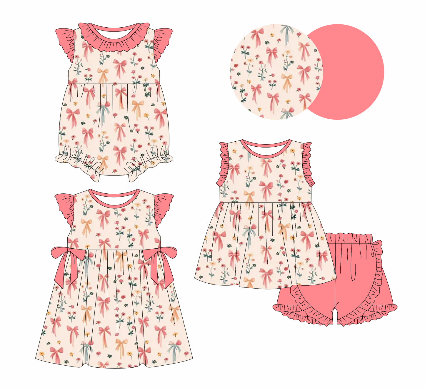 1.3 custom each style moq 5eta 4-6week Sibling Sistes bow baby girl short sleeve shorts sets and dress and rompers match family design