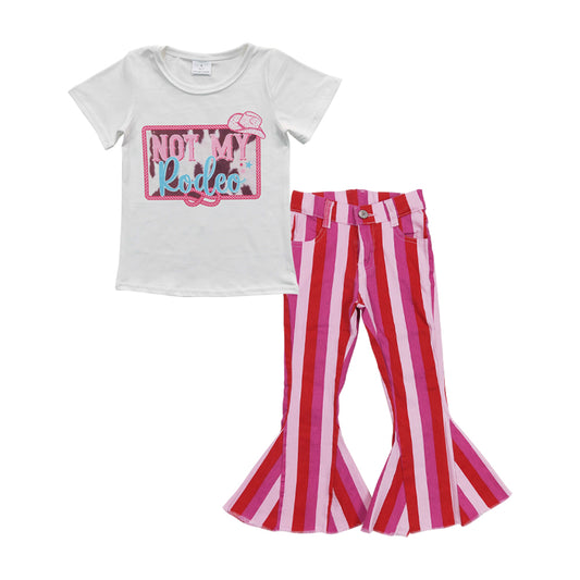 GT0139 Girls NOT MY White Short Sleeve Top+P0043 Light pink, dark pink and bright red striped denim trousers