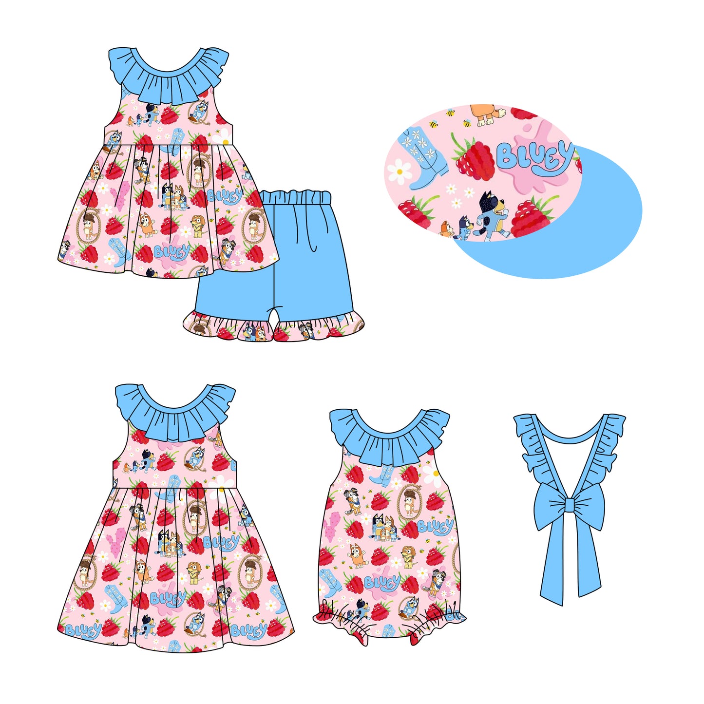 12.30 custom each style moq 5eta 4-6week Sibling Sistes cartoon dog strawberry baby girl short sleeve shorts sets and dress and rompers match family design