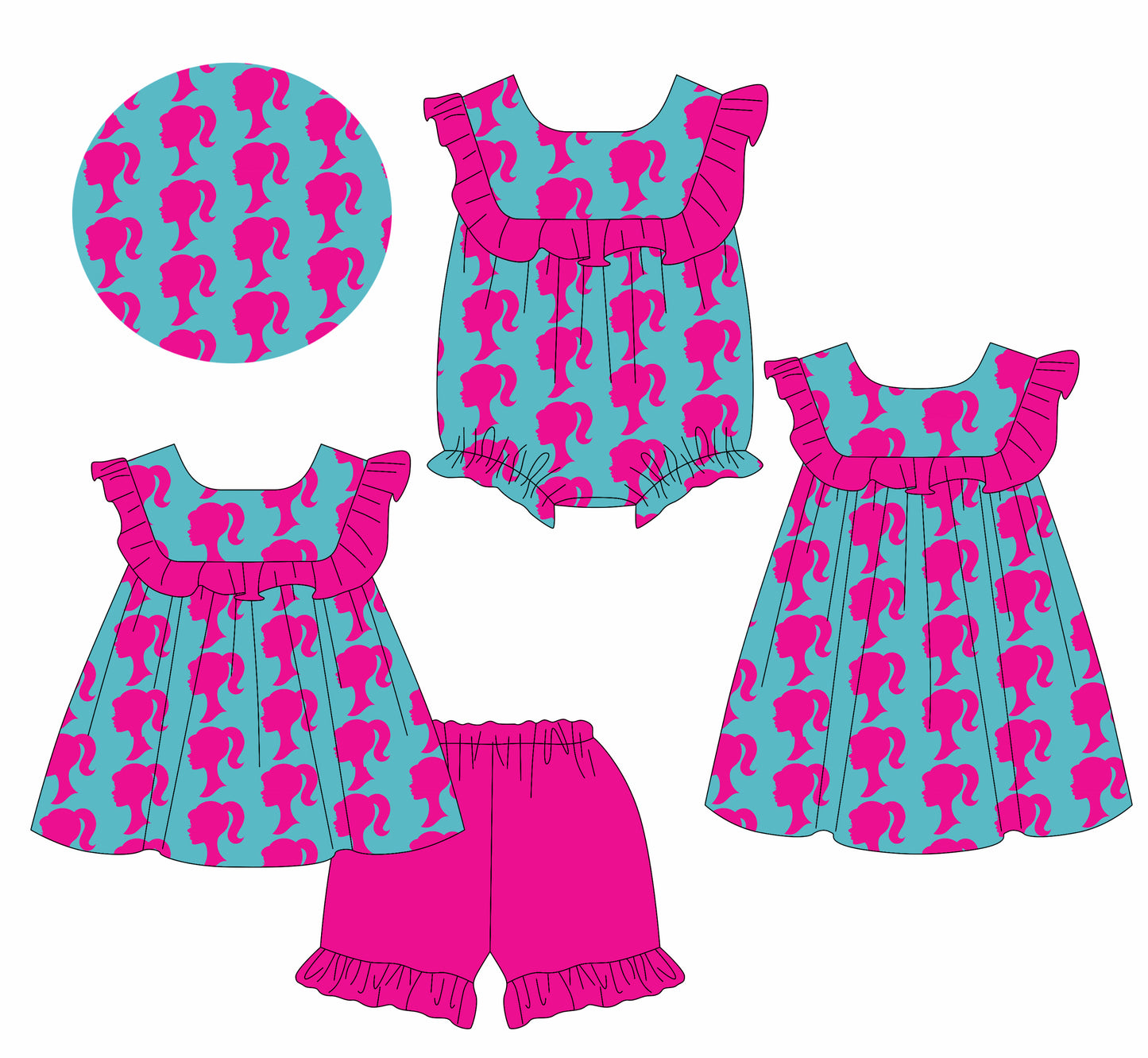 1.14 custom each style moq 5eta 4-6week Sibling Sisters barbie baby girl short sleeve shorts sets and dress and rompers match family design