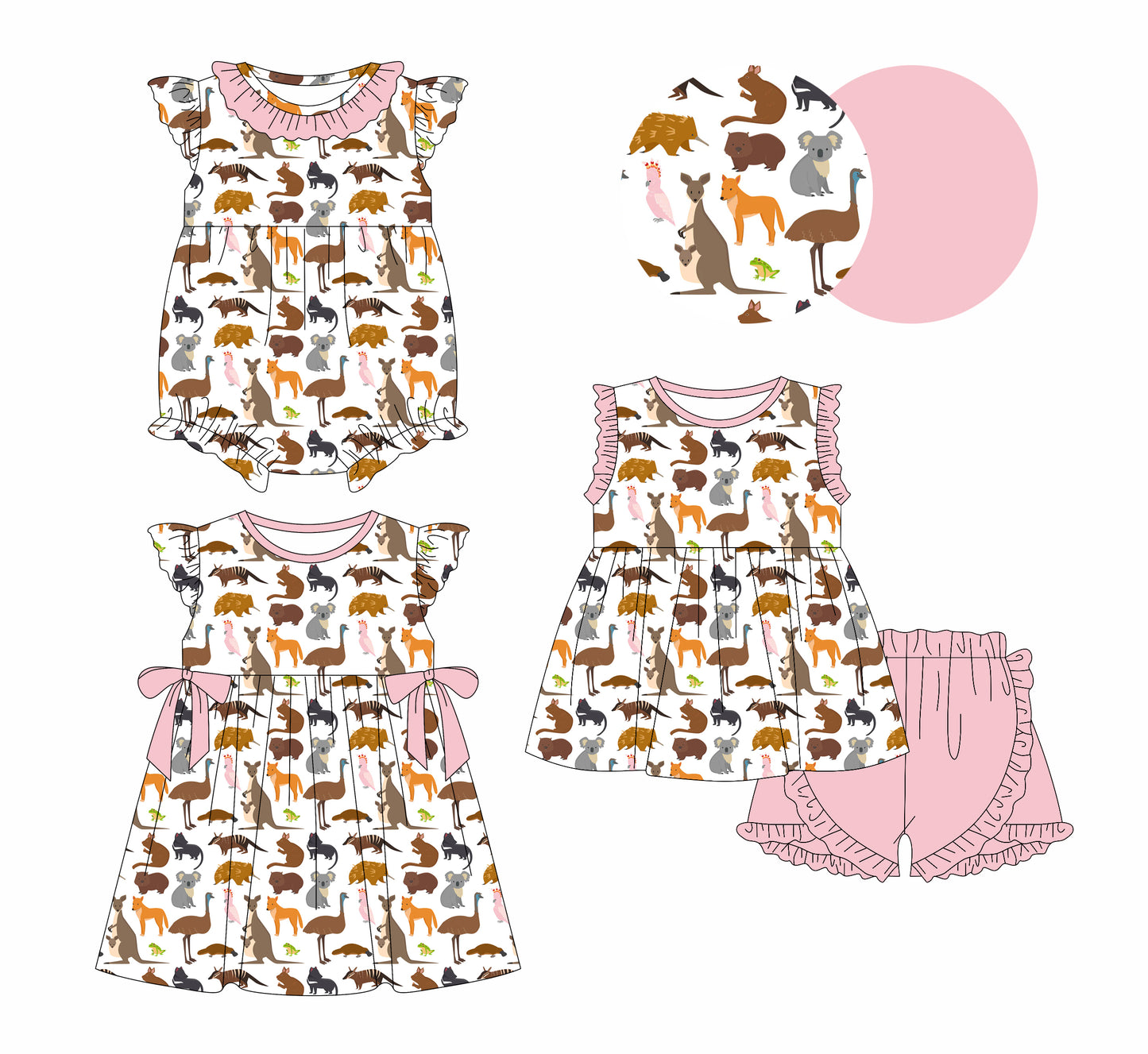 1.13 custom each style moq 5eta 4-6week Sibling Sisters animal baby girl short sleeve shorts sets and dress and rompers match family design