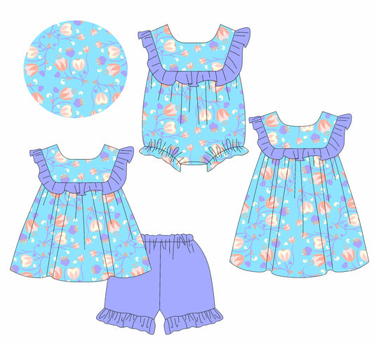 1.11 custom each style moq 5eta 4-6week Sibling Sister floral baby girl short sleeve shorts sets and dress and rompers match family design