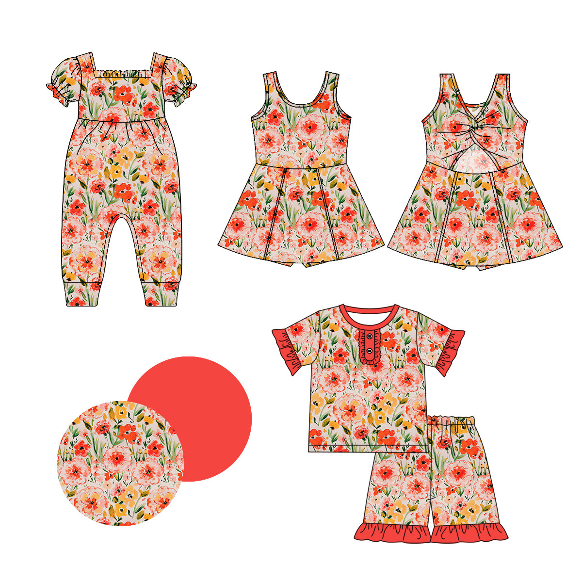 1.2 custom each style moq 5eta 4-6week Sibling Sistes floral baby girl short sleeve shorts sets and dress and rompers match family design