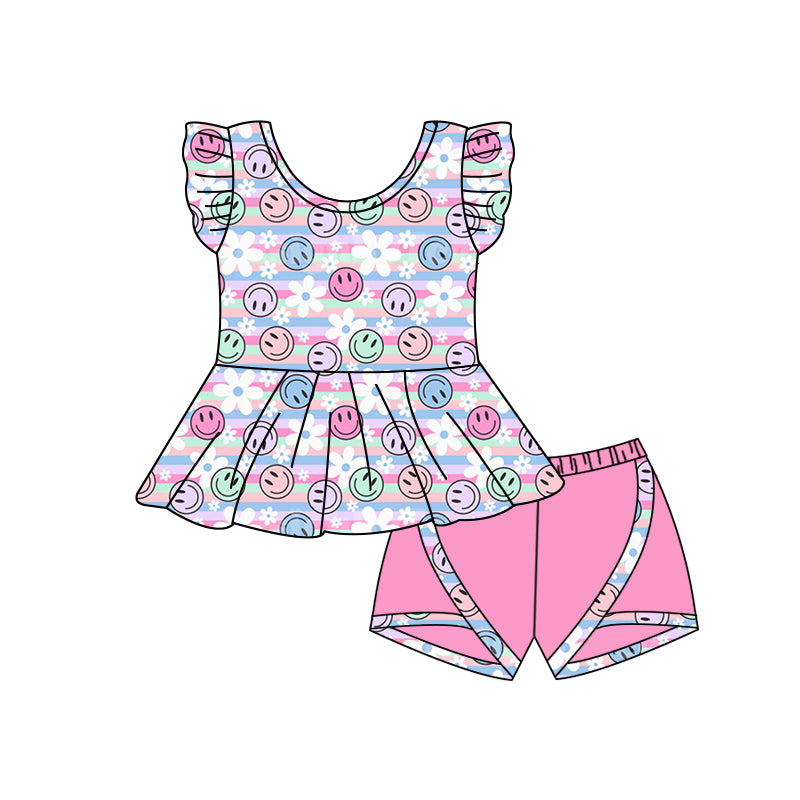 4.26 custom moq 5 eta 4-5weeks Smiley face print sleeveless skirt paired with pink safety pants suit