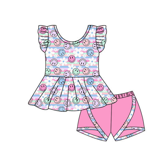 4.26 custom moq 5 eta 4-5weeks Smiley face print sleeveless skirt paired with pink safety pants suit