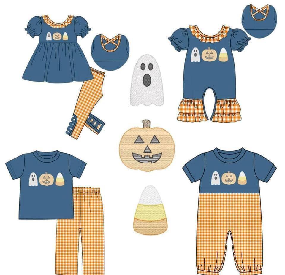 5.15custom each style moq 5eta 4-5week Sibling Sister Halloween ghost pumpkin prints orange plaid blue girls and boys outfits and baby romper and dress match family design