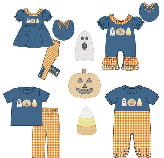 5.15custom each style moq 5eta 4-5week Sibling Sister Halloween ghost pumpkin prints orange plaid blue girls and boys outfits and baby romper and dress match family design