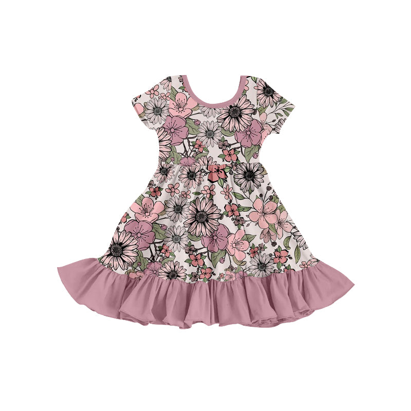 5.7custom each style moq 5eta 4-5week Sibling Sister big flower prints pink girls outfits and baby romper match family design