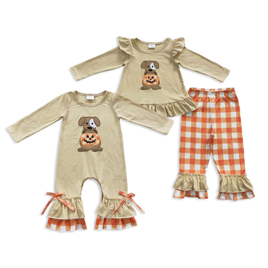 RTS NO MOQ Sibling Baby girls clothes embroidery pumpkin long-sleeved trousers suit & romper