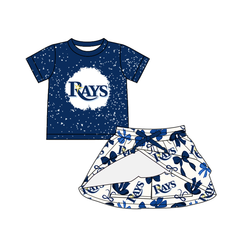 Custom moq 5 mix sizes summer teams baby girls clothes team blue short sleeve skirts shorts sets dress 1 and dress 2 and dress 3 and dress 4-25.5.22