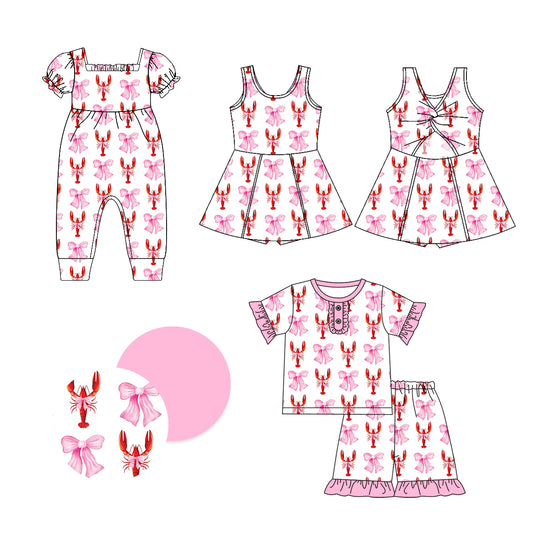 1.10 custom each style moq 5eta 4-6week Sibling Sister bow crayfish baby girl short sleeve shorts sets and dress and rompers match family design