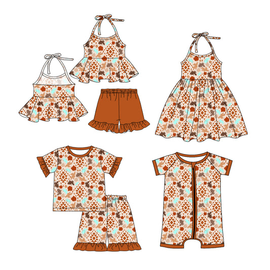 1.4 custom each style moq 5eta 4-6week Sibling Sistes baby girl short sleeve shorts sets and dress and rompers match family design