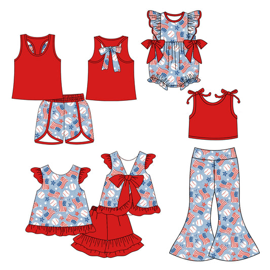 25.12.3 custom each style moq 5 eta 6-8week Sibling Sisters baseball flag baby girl short sleeve pants sets and shorts set 2 and rompers match family design
