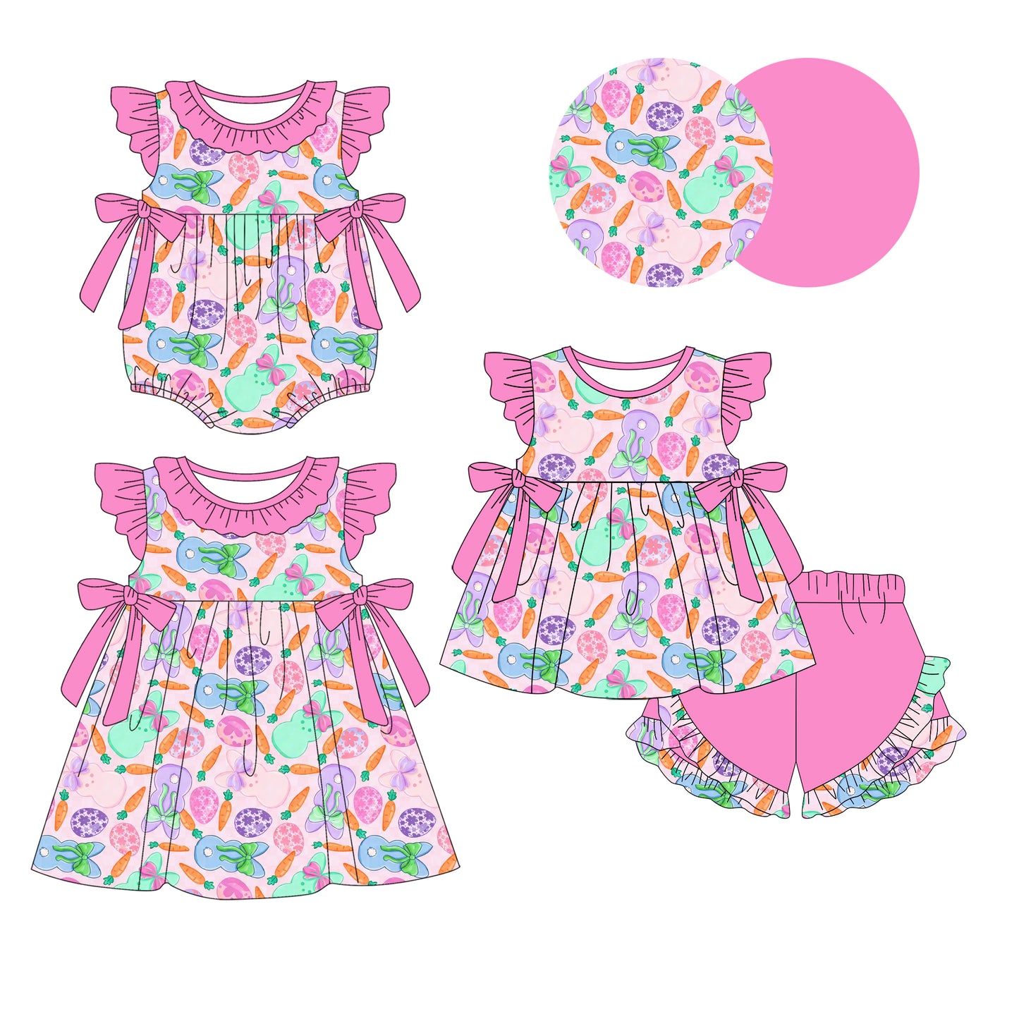 26.1.6 custom each style moq 5 eta 6-8week Sibling Sister easter baby short sleeve shorts sets and romper and dress match design