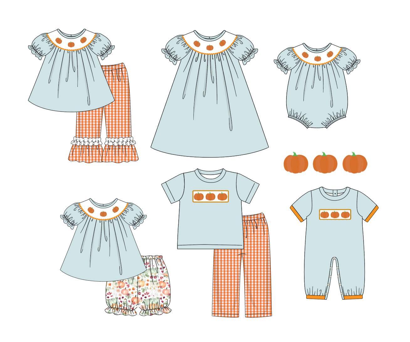 5.10custom each style moq 5eta 4-5week Sibling Sister orange prints blue girls and boys outfits and baby rompers match family design