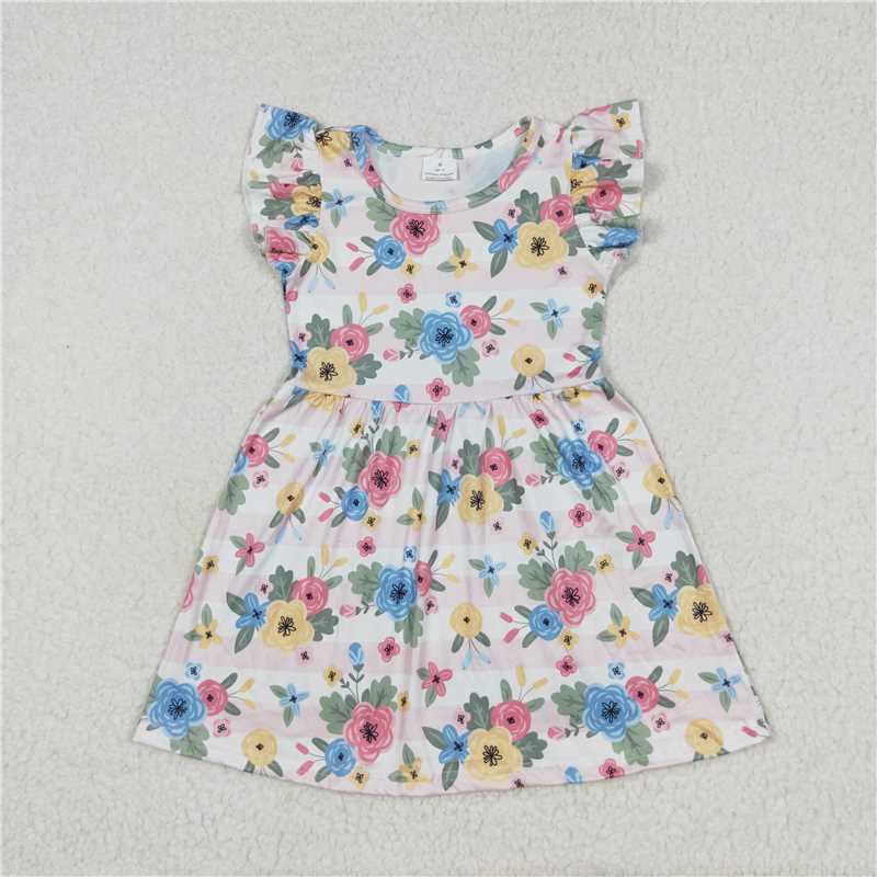 RTS SALES NO MOQ G2-21，，Red, blue, and yellow flowers, pink and white horizontal stripes, flying sleeves skirt 红蓝黄花朵粉白横纹飞袖裙