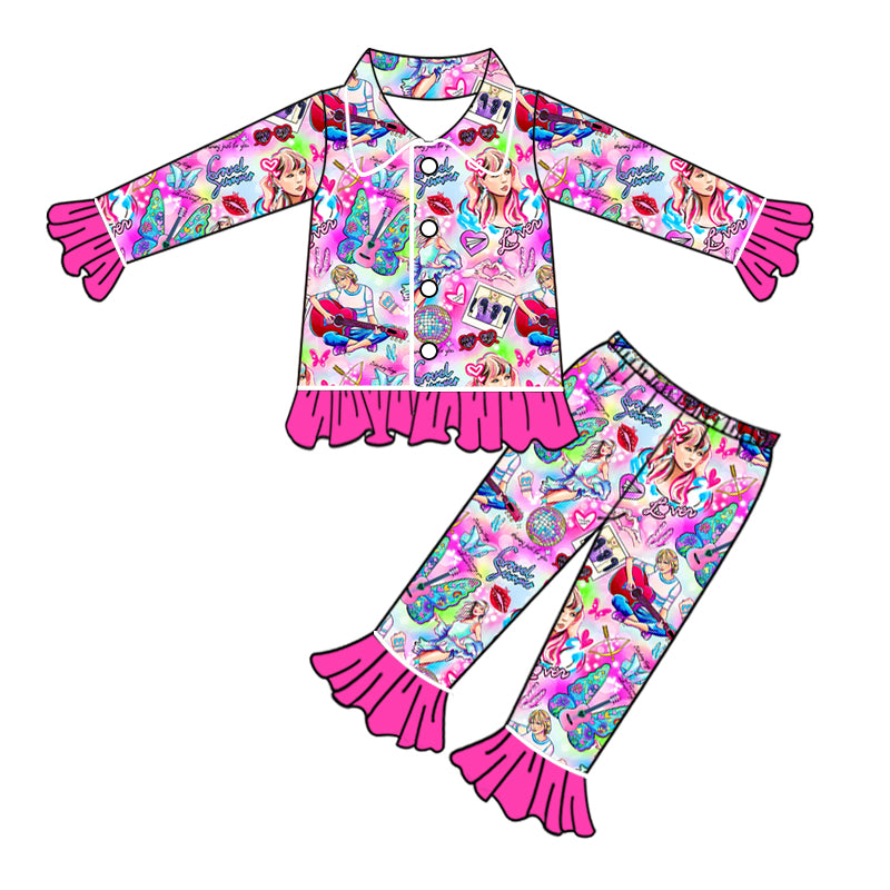 5.12custom each style moq 5eta 4-5week Sibling Sister singing stage prints pink girls set and dress and Jumpsuits match family design