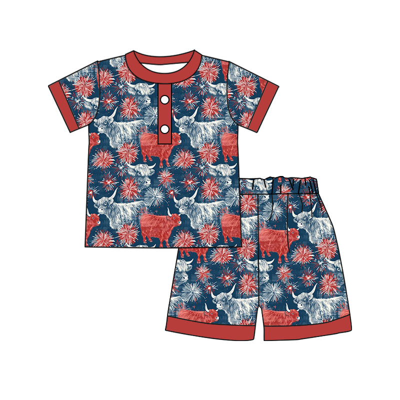 5.8custom each style moq 5eta 4-5week Sibling Sister red yak and fireworks prints navy blue boys outfits and baby romper and backpack match family design