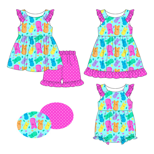 26.1.8 custom each style moq 5 eta 6-8week Sibling Sister easter baby short sleeve shorts sets and romper and dress match design