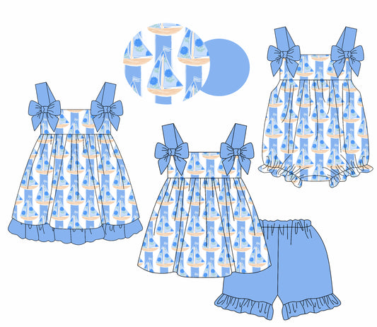 1.23 custom each style moq 5eta 4-6week Sibling Sisters boat baby girl short sleeve shorts sets and dress and rompers match family design