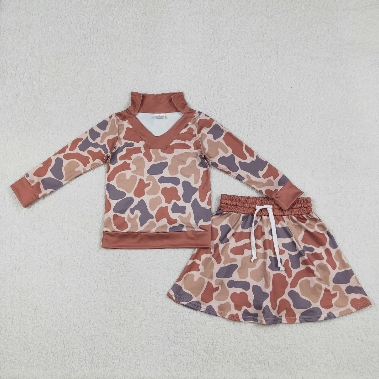 RTS NO MOQ（In Stock) Brown camouflage long-sleeved skirt set