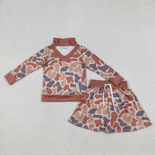 RTS NO MOQ（In Stock) Brown camouflage long-sleeved skirt set