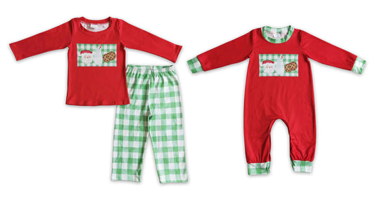 RTS NO MOQ Santa Claus Milk Cookies Red Plaid Long Sleeve Pants Suit