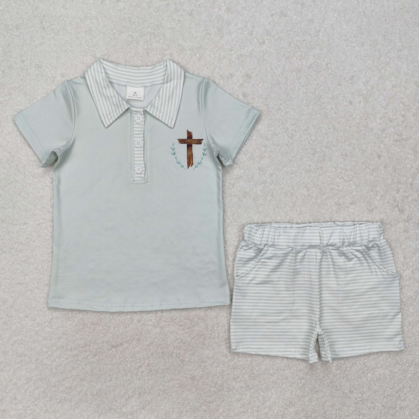 RTS NO MOQ ETA 5/7days Arrived BSSO1025 Cross leaf green short sleeve striped shorts set