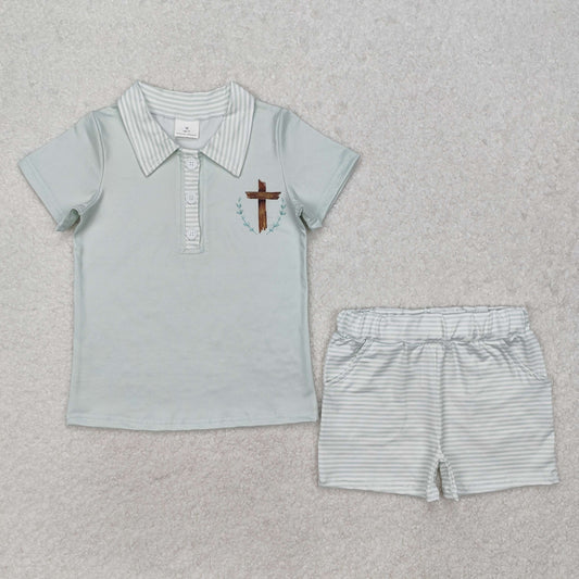 RTS NO MOQ ETA 5/7days Arrived BSSO1025 Cross leaf green short sleeve striped shorts set