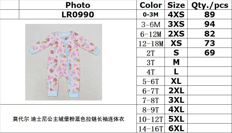 bamboo rts no moq LR0990 Modal Disney princess castle powder blue zipper long-sleeved bodysuit