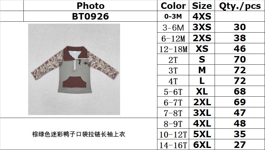 RTS NO MOQ ETA 5/7days Arrived BT0926 Brown green camouflage duck pocket zipper long sleeve top