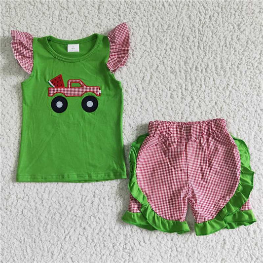 RTS NO MOQ ETA 5/7days Arrived GSSO0122 Girls car embroidery green flying sleeve red plaid shorts suit