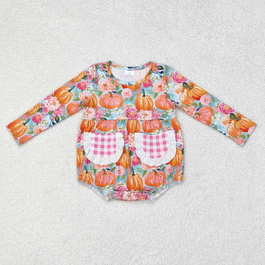 rts no moq LR1059 Pumpkin Blossom Pink Plaid Pocket Long Sleeve Bodysuit