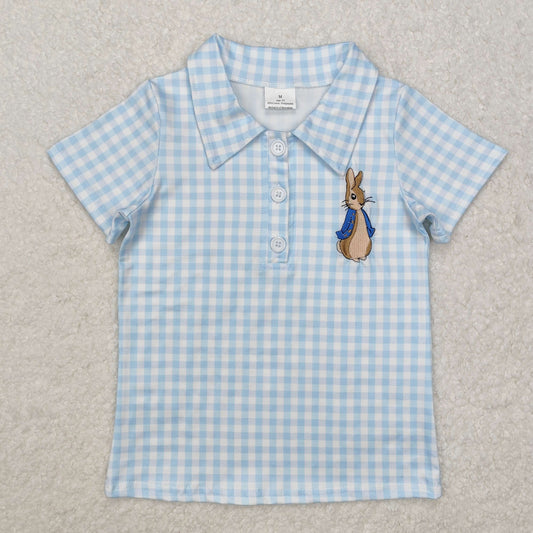 RTS NO MOQ ETA 5/7days arrived BT1095 Embroidered Easter bunny blue plaid short-sleeved top