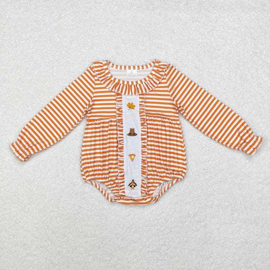 rts no moq LR1300 Embroidery Leaf Hat Cake Turkey Orange Stripe Lace Long Sleeve Bodysuit