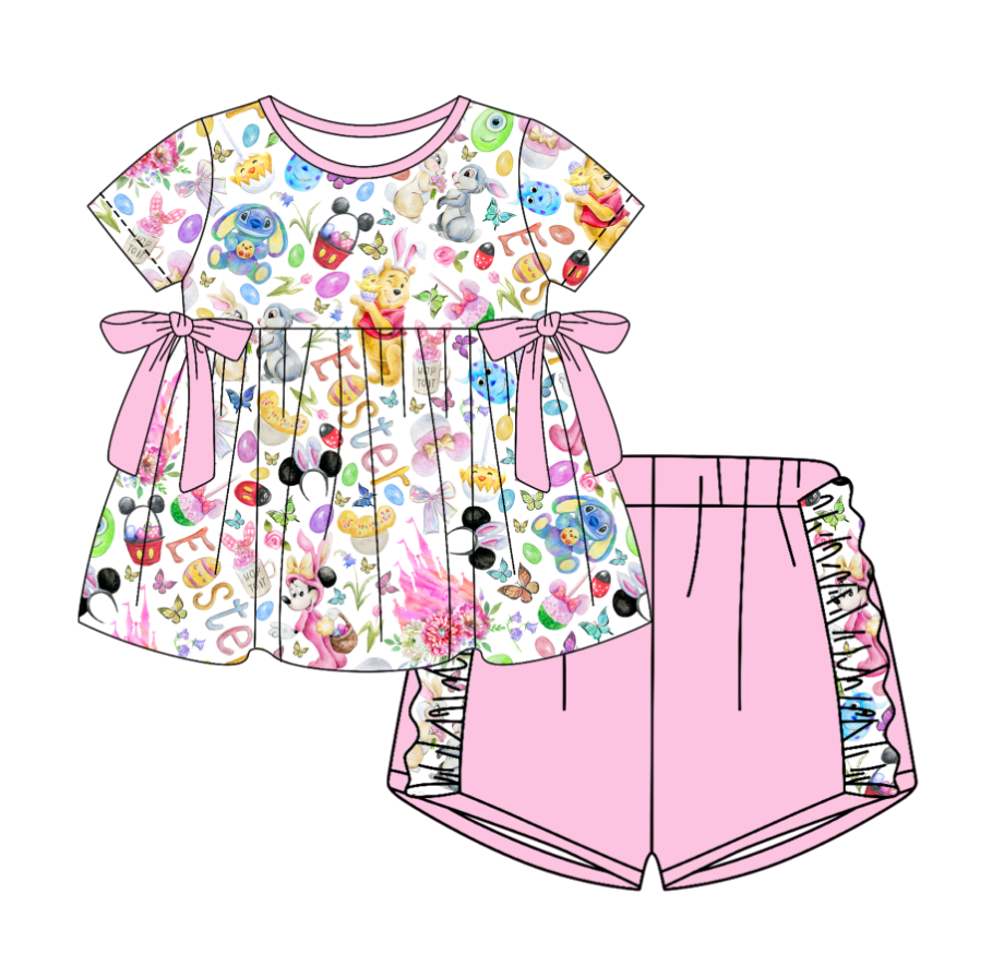 Custom moq 5 mix size milk silk baby girl clothes cartoon short sleeve shorts sets and pants sets