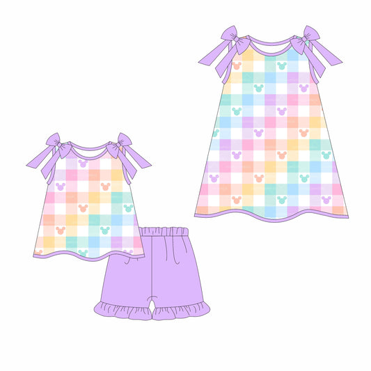 3.17 custom each style moq 5eta 4-6week Sibling Sister mickey head baby girl short sleeve shorts sets and dresses match design