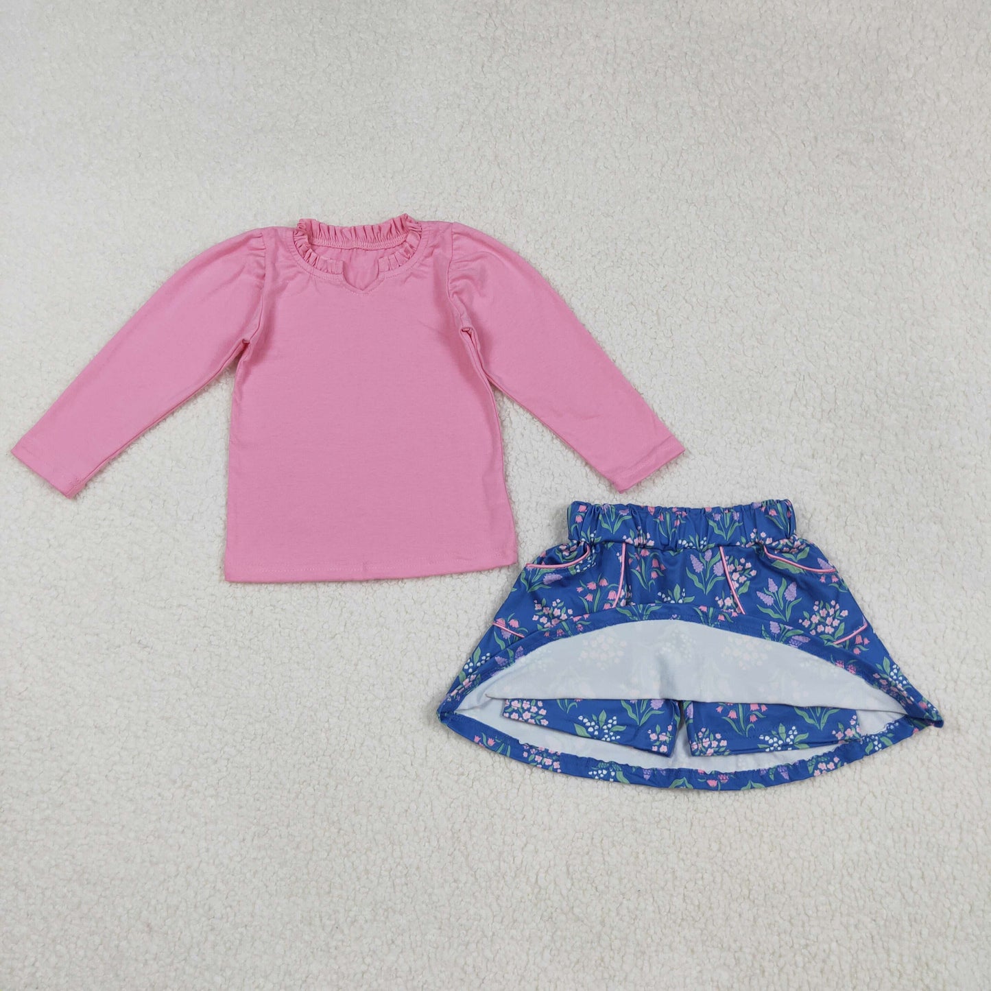 RTS NO MOQ（In Stock) GLD1256 Pure pink long-sleeved floral blue skirt set