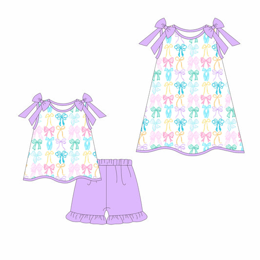 3.17 custom each style moq 5eta 4-6week Sibling Sister bow baby girl short sleeve shorts sets and dresses match design